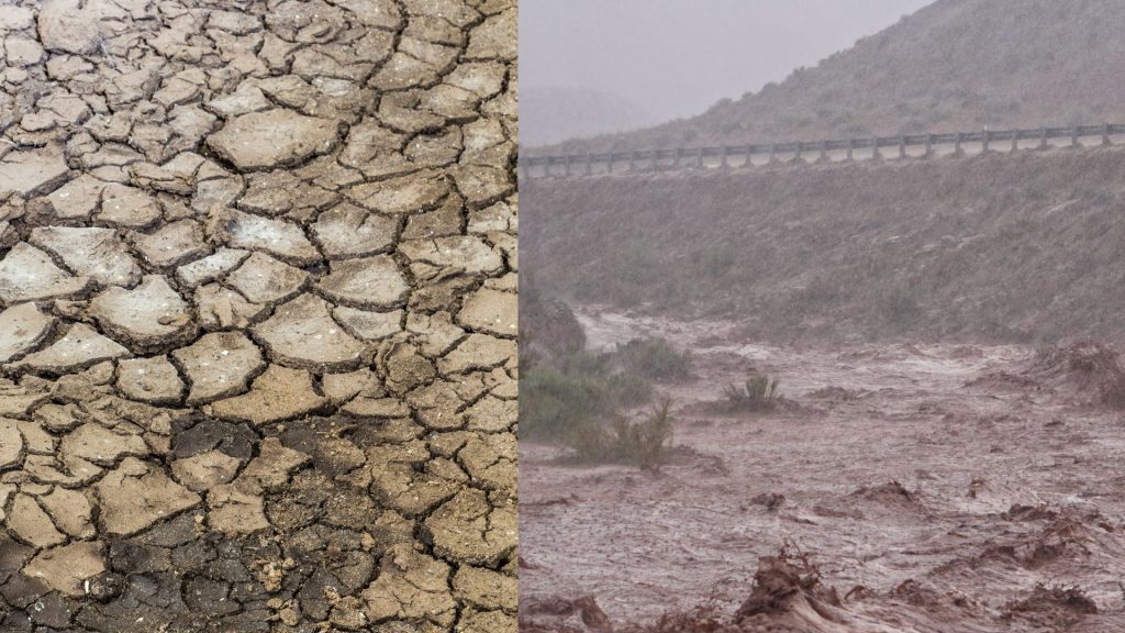 side by side pictures, cracks dry sand bed, flashflood river
