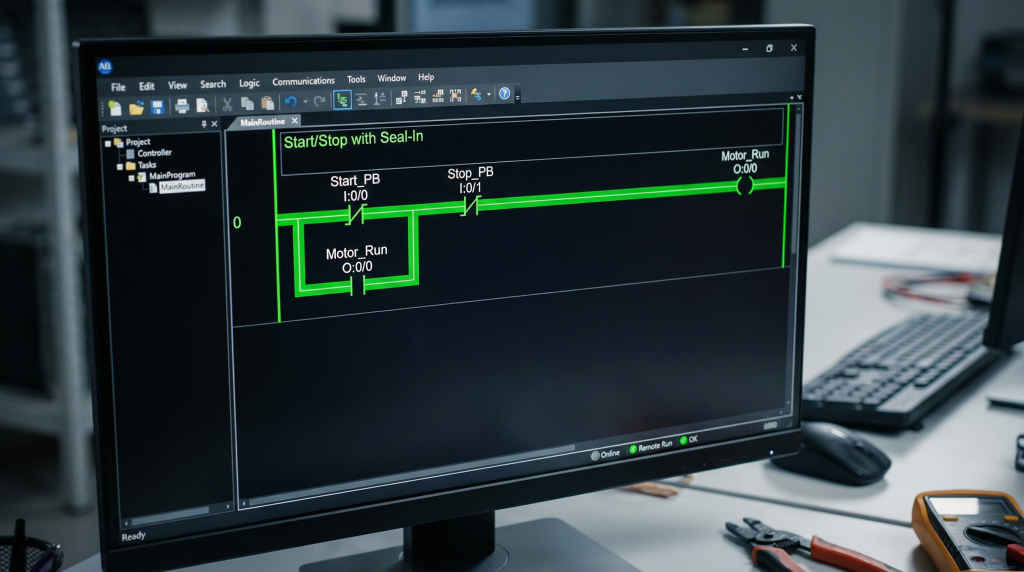 Simple Ladder Logic, stop start